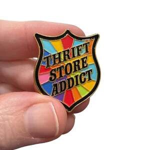 Thrift Store Addict Rainbow Shield Enamel Pin